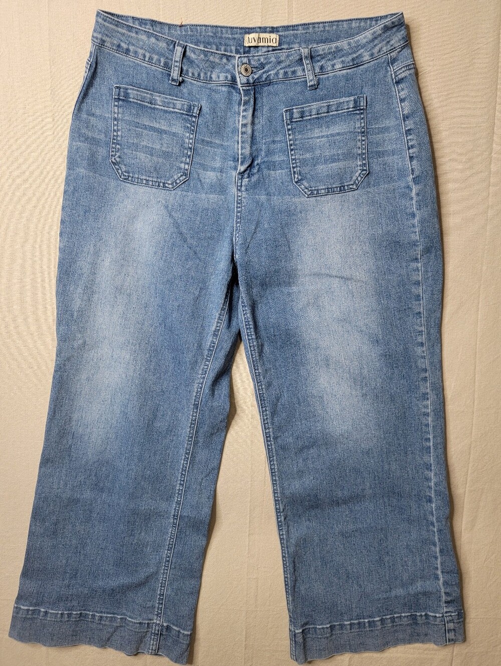 Luvamia Size XL Blue Wide Leg Cropped Jeans Patch Pockets High Rise Medium Wash